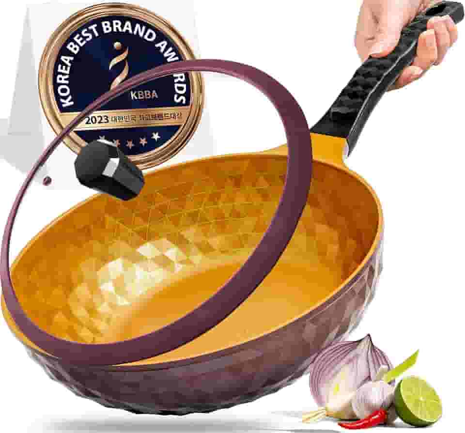 Frigideira Diamond X Premium antiaderente com tampa – Wok chinesa de fundo plano grande de 28 cm – frigideiras e frigideiras antiaderentes – Frigideira coreana de 8 camadas revestida de titânio para