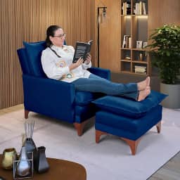 Poltrona Papai Reclinável Munique Veludo Com Puff Banqueta (Azul Marinho)