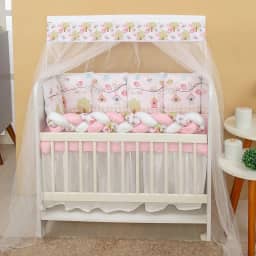 Kit Mini Berço 13 Peças Decoração Jardim Rosa Protetor Trançado e Almofadas Decorativas