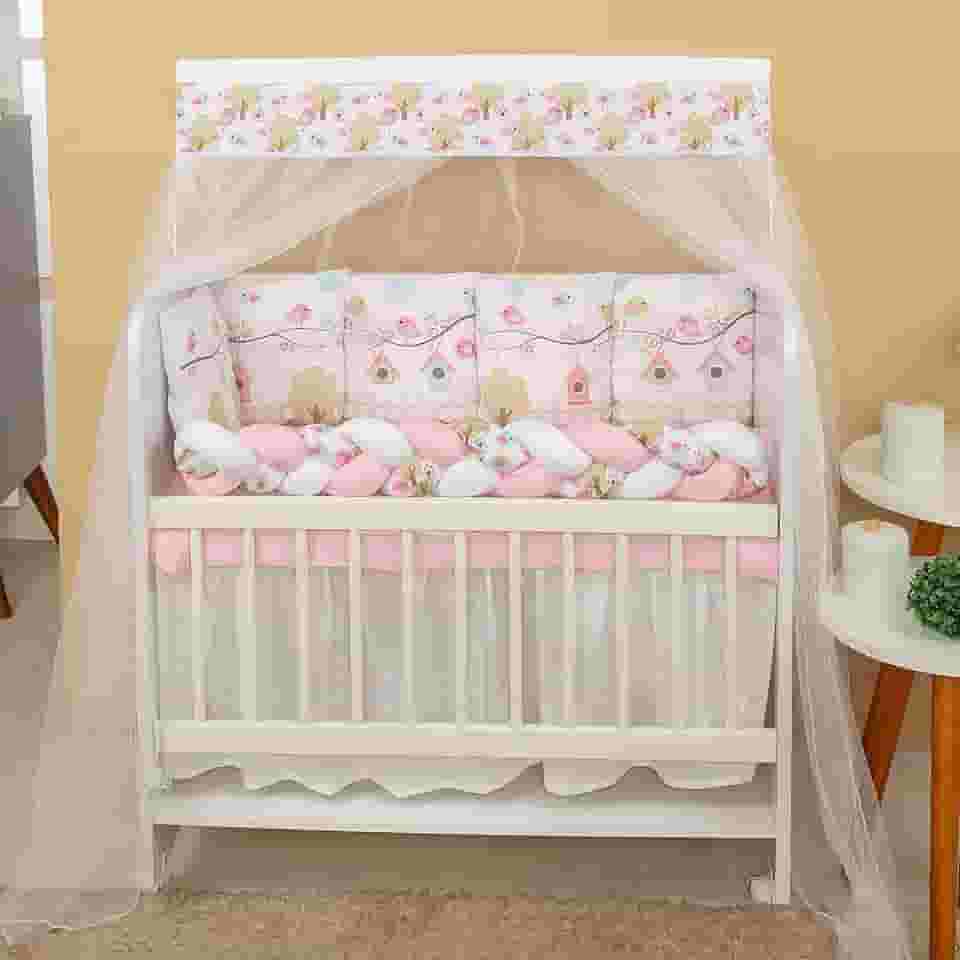 Kit Mini Berço 13 Peças Decoração Jardim Rosa Protetor Trançado e Almofadas Decorativas