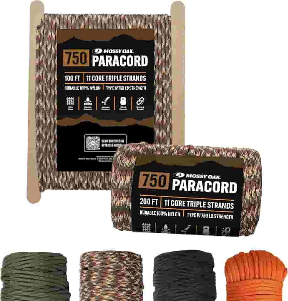 Mossy Oak Paracord 750 - Paracord De Nylon Resistente - Corda De Sobrevivência, Ideal Para Camping, Caça, Pesca, Artesanato E Uso Faça Você Mesmo - Corda Fina De Paraquedas - 4 Mm De Diâmetro - 100