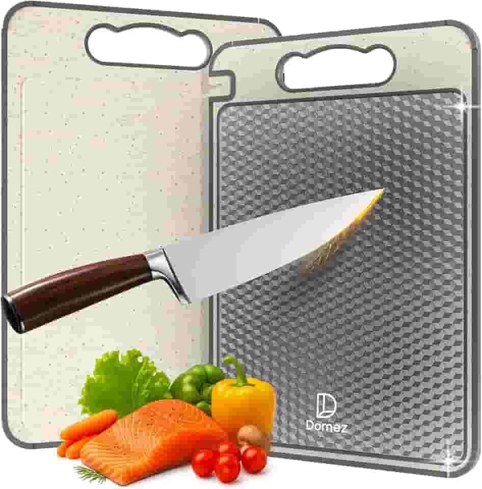 DOMEZ Tábua de Corte Inox para Cozinha Dupla Face Aço Inoxidável e PP, Superfície Higiênica para Carnes e Vegetais, Afiador Integrado, Canaletas Antirrespingo, Base Antiderrapante e Alça Ergonômica