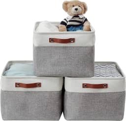 Caixa Cesto Organizador de Tecido Linho Dobrável Cinza com Alça Couro Ecológico (45x35x25cm)