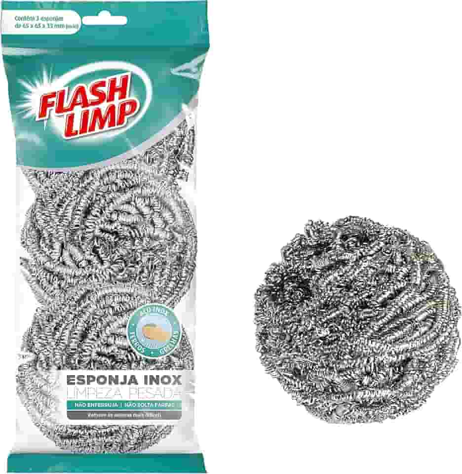 Flash Limp - Pack com 3 Esponjas Aço inox para Limpeza Pesada Ferro e Grelha - E3A4821