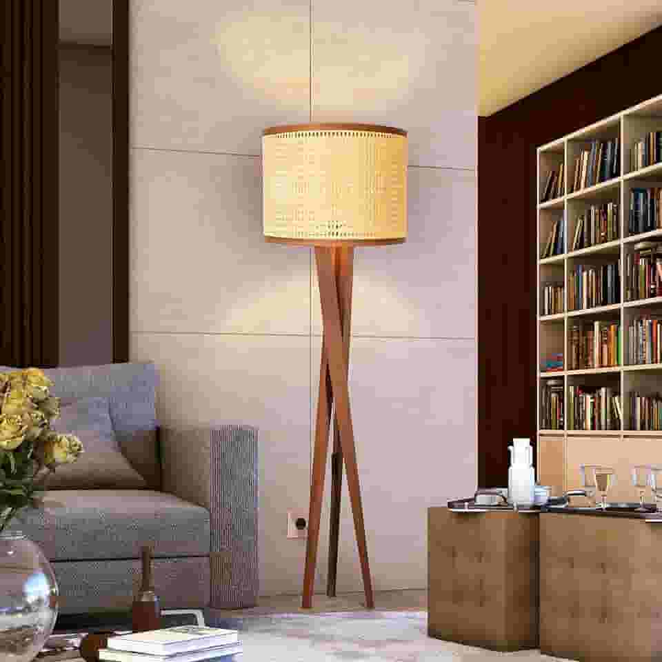 D+MOB Luminaria Chão Abajur Tripe Madeira Retrô Luxo Cúpula Palha Moderno